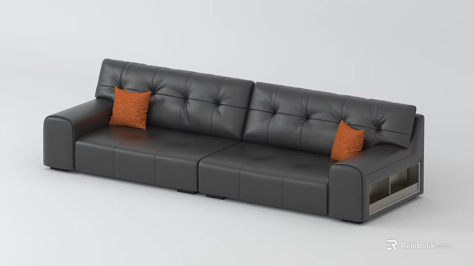 Modern Black Leather Sectional Sofa With Tufted Backrest And Orange Pillows 3d model