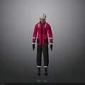 Man Wearing Red Jacket White Hard Hat Black Pants And Blue Gloves