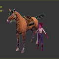 3D Brown Horse With Red Saddle And Red Haired Woman In White Top Blue Pants