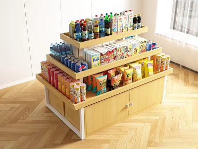 Multi Tiered Wooden Display Shelf With Beverages Snacks And Canned Goods in Bright Retail Space 3d model