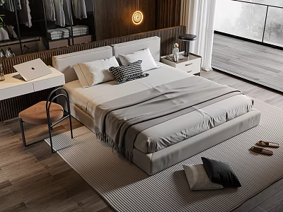 Modern Double Bed Interior With Gray Striped Bedspread Pillows Nightstand Desk And Natural Light 3d model