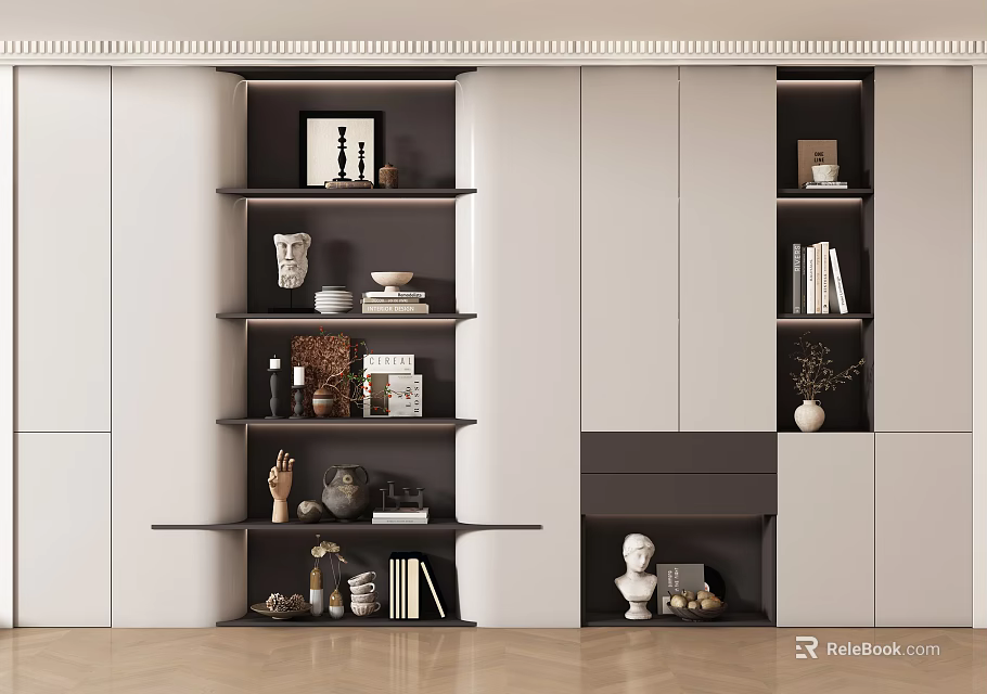 Modern White And Dark Gray Bookcase Interior Design With Open Shelves Books And Decorative Items 3d model 