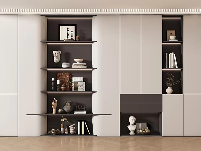 Modern White And Dark Gray Bookcase Interior Design With Open Shelves Books And Decorative Items 3d model