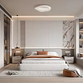 Modern Bedroom Interior Design With Bed Marble Wall Storage Cabinets Window Bench and Ceiling Light
