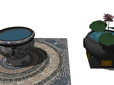 Traditional Style Decorative Aquarium Basins With Intricate Patterns Lotus Leaves Flower And Woven Mat 3d model
