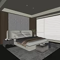 Modern Luxurious Bedroom With Large Bed Nightstands Floor to Ceiling Windows Decorative Wall and Rug