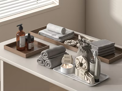 Rolled and Folded Bath Towels on Vanity Counter with Wooden Trays Lotion Bottles and Candle 3d model