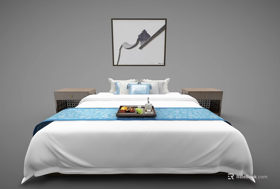 Modern Double Bed With White Sheets Blue Bed Runner Bedside Tables And Wall Painting 3d model 