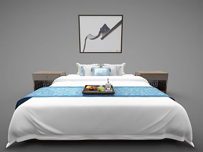 Modern Double Bed With White Sheets Blue Bed Runner Bedside Tables And Wall Painting 3d model