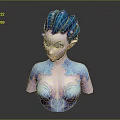 Elf Character With Blue Hair And Intricate Decorative Upper Body Patterns