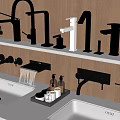 Various Styles of Modern Bathroom Faucets on Wooden Wall Shelf with White Countertop