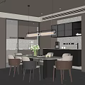Modern Restaurant Interior Design With Marble Dining Table Mixed Chairs Pendant Lights And Open Kitchen 3d model