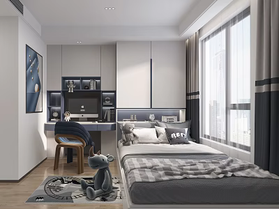 Kids Room Interior Design With Bed Study Desk Chair And Stuffed Toy Decor 3d model