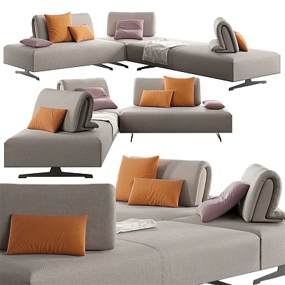 Stylish Modern Sectional Sofa With Gray Fabric Orange Purple Decorative Pillows 3d model