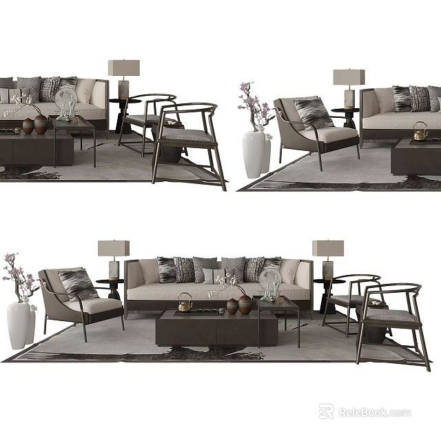 Elegant Modern Sofa Coffee Table Set With Accent Chairs Table Lamps And Decor 3d model