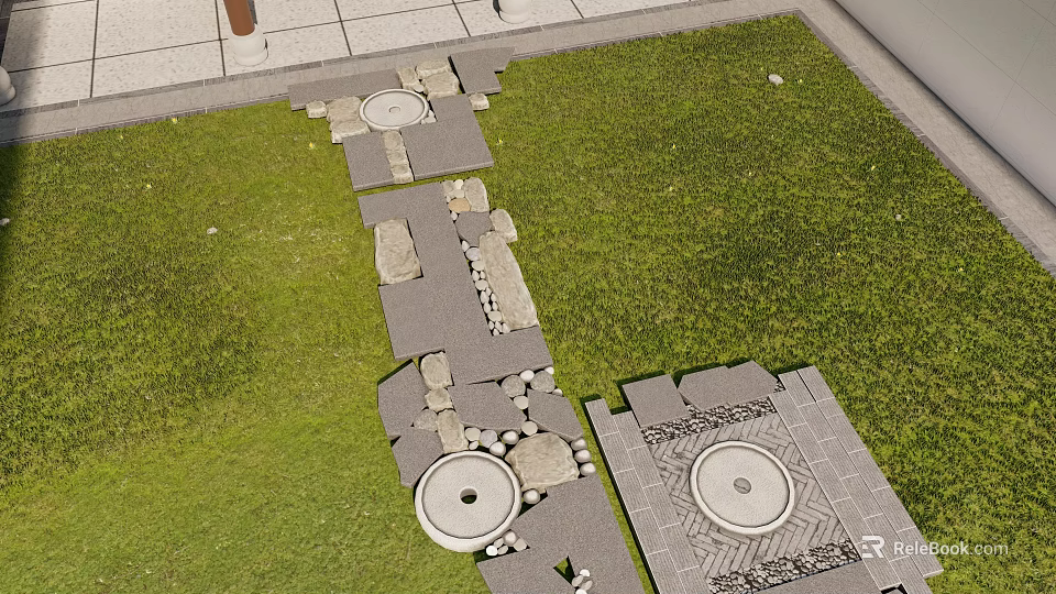 Landscaped Garden With Stone Path Arranged Between Green Grass And Circular Decorative Structures 3d model 