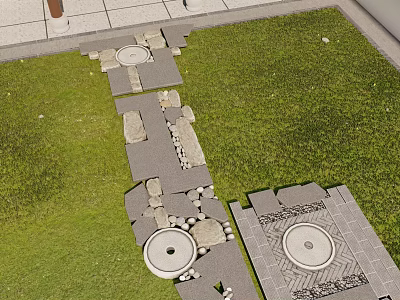 Landscaped Garden With Stone Path Arranged Between Green Grass And Circular Decorative Structures 3d model