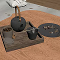 Elegant Tea Set With Wooden Tray Teapot Cups And Tea Leaves On Table