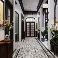 Traditional Courtyard Garden Landscape with Arched Doors Windows Hanging Vines Green Plants Large Ceramic Jar