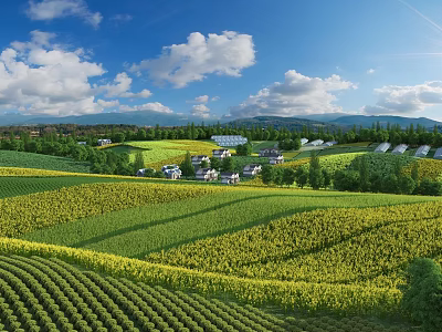 Scenic Vast Fields View With Yellow Green Crops Distant Houses Mountains White Clouds Blue Sky 3d model
