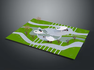 Scenic Park Landscape with Green Lawns Winding Paths and Circular White Pavilions and Trees 3d model