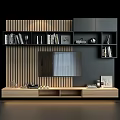 Modern TV Wall Unit with Wooden Slat Background Storage Shelves Books Decorative Items Photo Frames