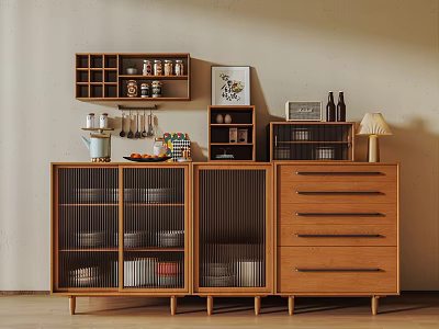 Modern Wooden Sideboard with Glass Doors Drawers and Open Shelves Holding Tableware Jars 3d model