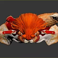 Game Fantasy Female Character with Red Hair Fox Ears Tail and Ornate Red Gold Outfit