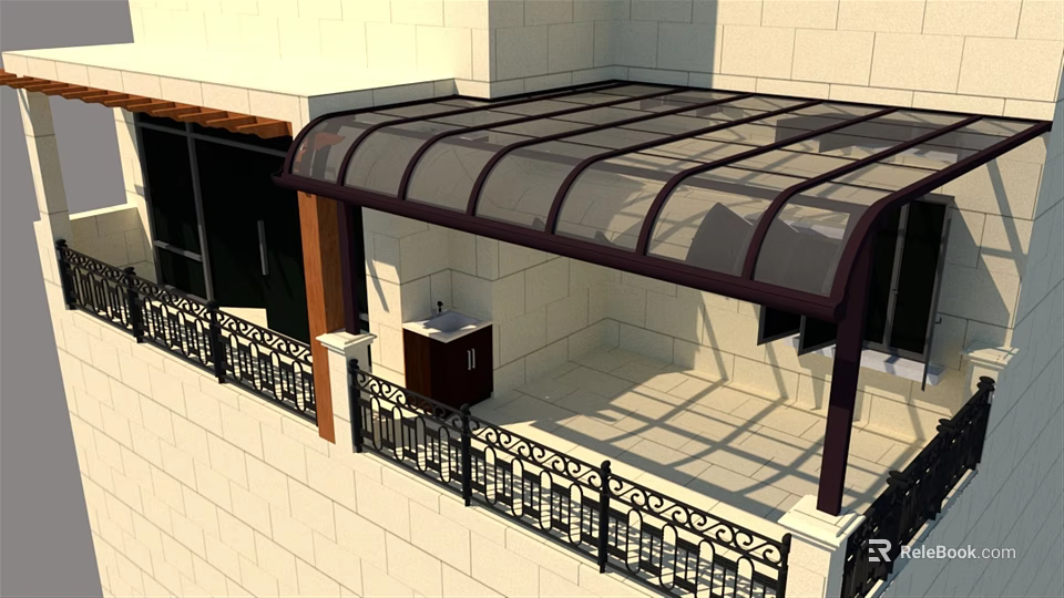 Stylish Patio Awning with Black Frame and Transparent Canopy on Building Terrace 3d model 