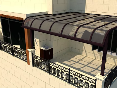 Stylish Patio Awning with Black Frame and Transparent Canopy on Building Terrace 3d model