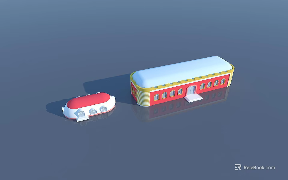Cartoon Scenery With Red Yellow Building White Roof And Small Red White Structure 3d model 
