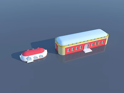 Cartoon Scenery With Red Yellow Building White Roof And Small Red White Structure 3d model