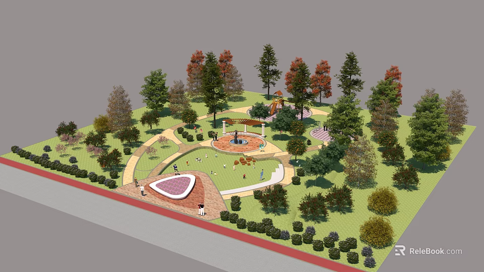 Scenic Garden Landscape With Winding Paths Green Lawn Colorful Trees And Central Area 3d model 