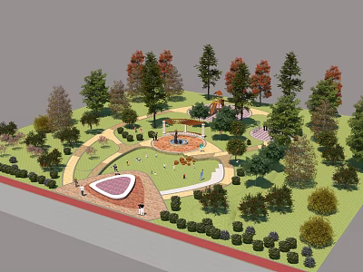 Scenic Garden Landscape With Winding Paths Green Lawn Colorful Trees And Central Area 3d model