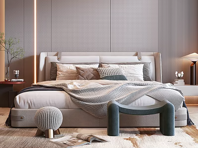 Elegant Double Bed Interior With Soft Pillows Cozy Blanket Bedside Lamp And Floor Rug 3d model