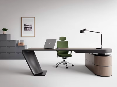 Modern Office Desk With Green Chair Laptop Desk Lamp Filing Cabinet And Plant 3d model