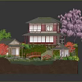 Ancient Traditional Garden With Japanese Style Houses Pond Stone Bridge Cherry Blossom Tree And Greenery