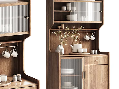 Wooden Home Sideboard With Glass Doors Shelves Decorative Dishes And Cups 3d model