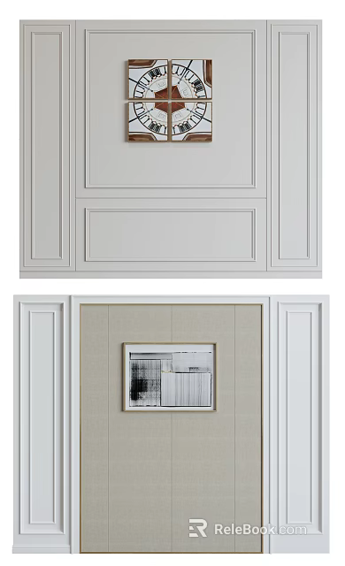 Elegant Modern Sofa Background Wall With White Frames Beige Panel And Decorative Artwork 3d model