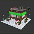 Charming Coffee Shop Exterior Scene With Green Awning Outdoor Tables And Street Lamps