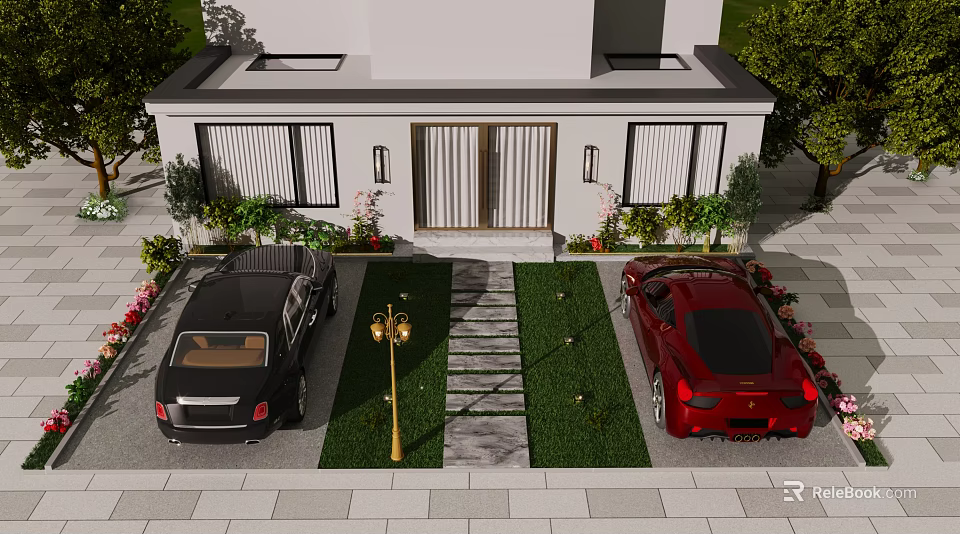 Modern Detached Villa Exterior With Driveway Lawn Parked Cars Garden Lights And Greenery 3d model 