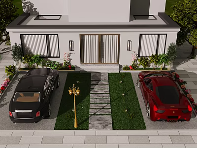 Modern Detached Villa Exterior With Driveway Lawn Parked Cars Garden Lights And Greenery 3d model