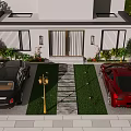 Modern Detached Villa Exterior With Driveway Lawn Parked Cars Garden Lights And Greenery