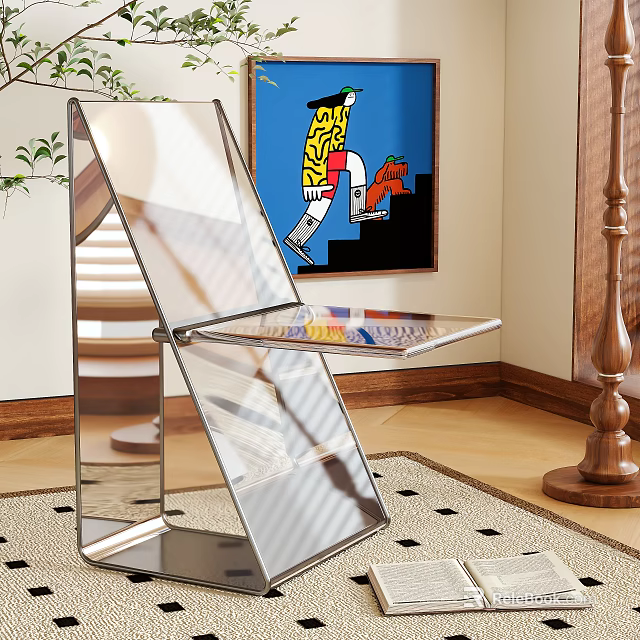 Modern Transparent Single Chair Design With Blue Artwork Wooden Floor And Rug 3d model 