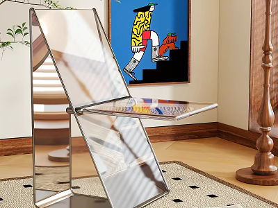 Modern Transparent Single Chair Design With Blue Artwork Wooden Floor And Rug 3d model