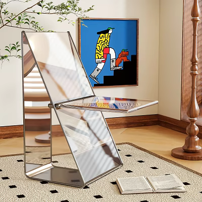 Modern Transparent Single Chair Design With Blue Artwork Wooden Floor And Rug 3d model