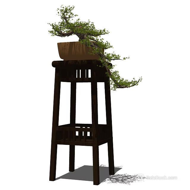 Elegant Bonsai Plant with Green Foliage Placed on Wooden Stand with Brown Pot 3d model 