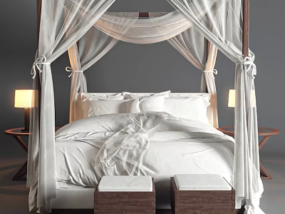 Four Poster Double Bed with White Canopy Bedding Pillows Side Stools and Lamps 3d model