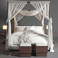 Four Poster Double Bed with White Canopy Bedding Pillows Side Stools and Lamps