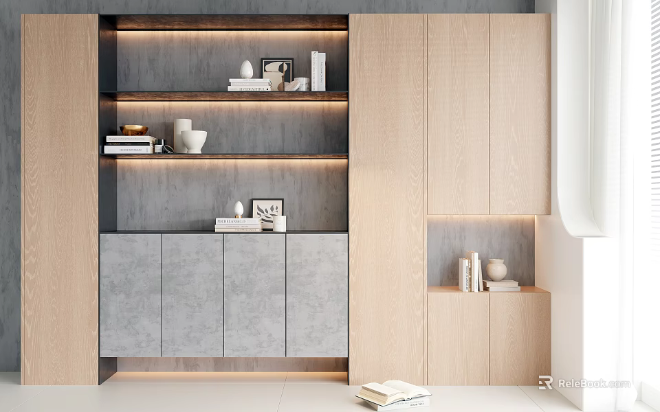 Modern Bookcase Design With Light Wood And Gray Panels Featuring Books And Decor Items 3d model 